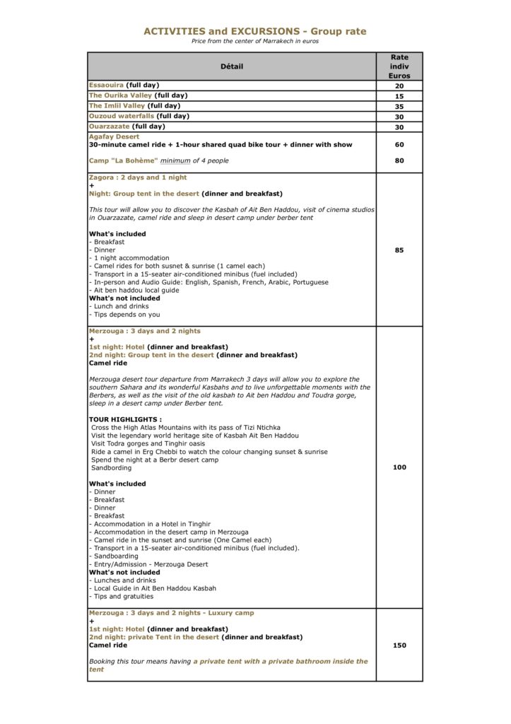 activities and excursions at Riad des Lys in Marrakech Prices for group