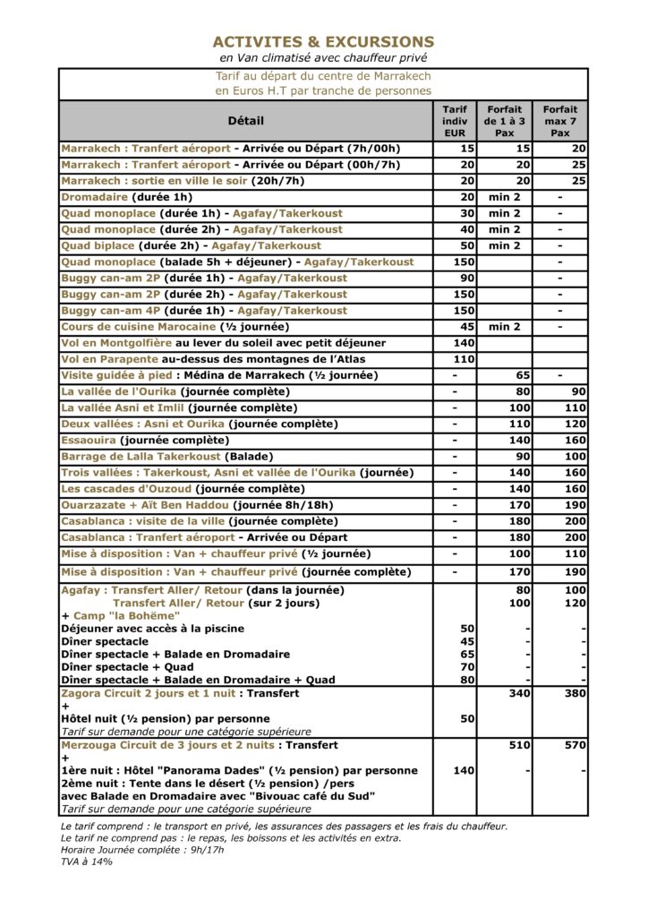 Tarif des activité et excursion en francais