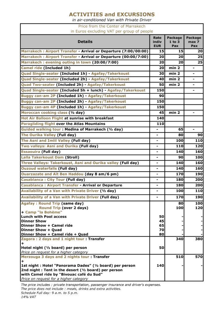 Prices for activities and excursions at Riad des Lys in Marrakech